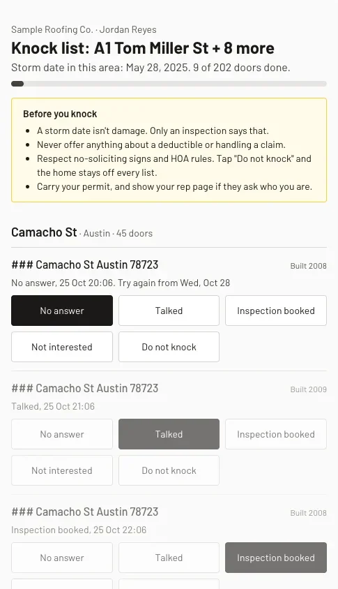 A rep's knock list on a phone: the storm date, reminders before you knock, and each home with buttons for No answer, Talked, Inspection booked, Not interested and Do not knock.